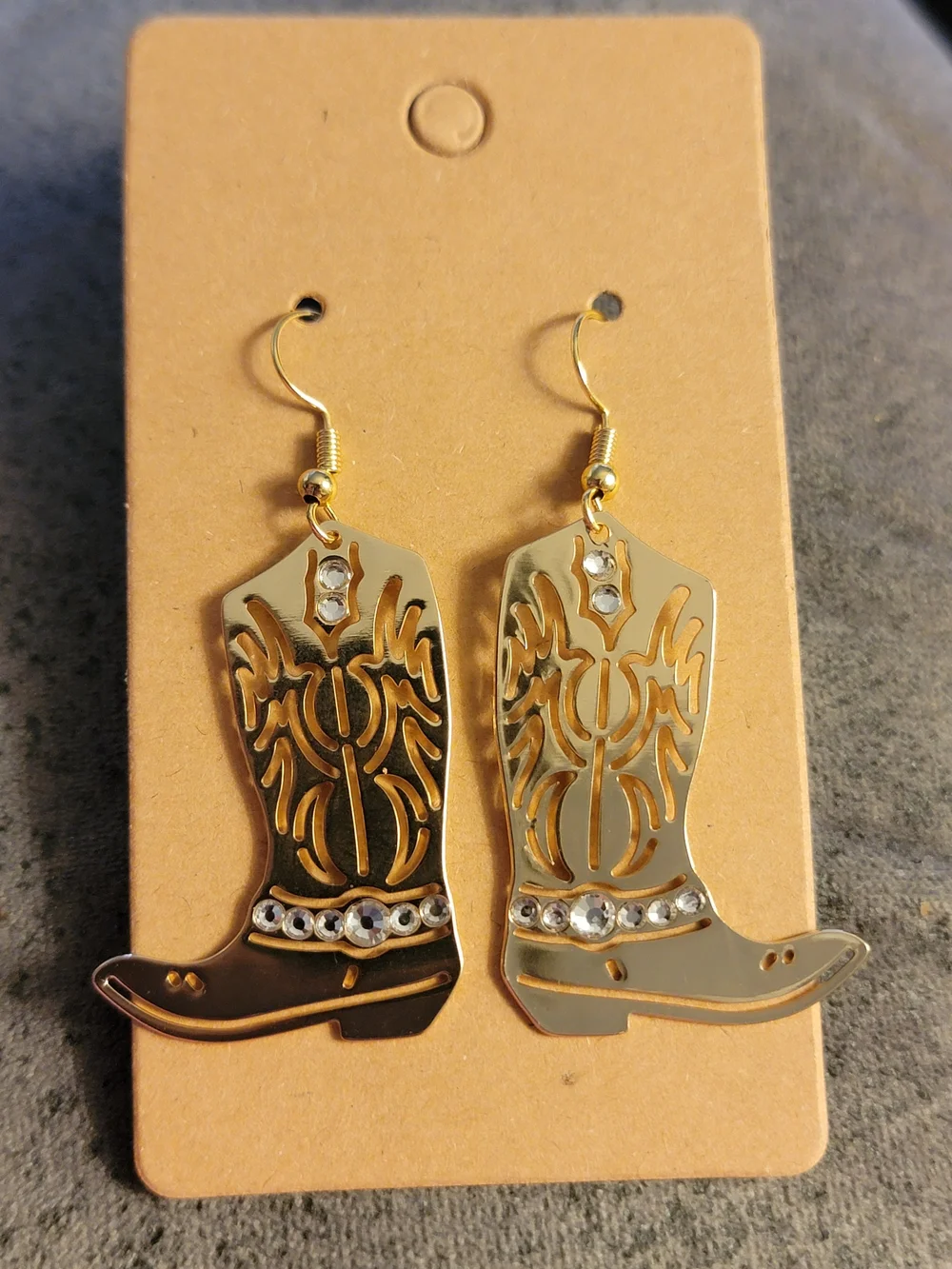 Handcrafted Western Gold Cowboy Boot Dangle Earrings w/Crystal Accents